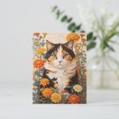 Schöne Calico Katze mit marigold Blume Postkarte (Stehend Vorderseite)