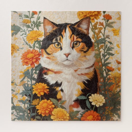 Schöne Calico Katze mit marigold Blume Puzzle (Vertikal)