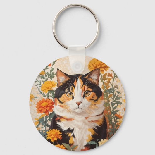 Schöne Calico Katze mit marigold Blume Schlüsselanhänger (Vorderseite)
