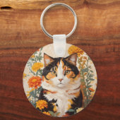 Schöne Calico Katze mit marigold Blume Schlüsselanhänger (Vorderseite)