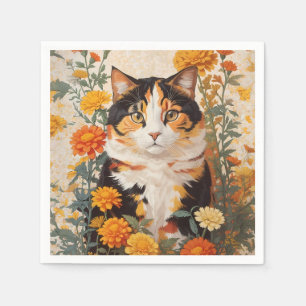 Schöne Calico Katze mit marigold Blume Serviette