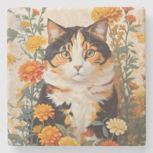 Schöne Calico Katze mit marigold Blume Steinuntersetzer