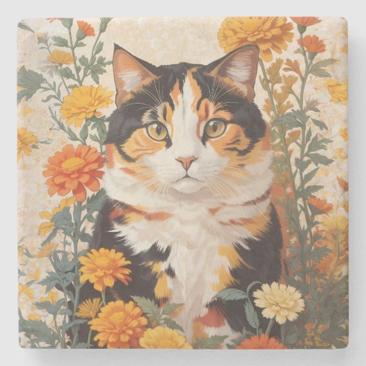 Schöne Calico Katze mit marigold Blume Steinuntersetzer (Vorderseite)