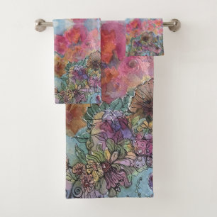 Schöne Chic Blumengarten Aquarellmalerei  Badhandtuch Set