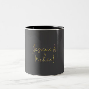 Schöne Chic Kalligrafie Paar Namen Grau & Gold Zweifarbige Tasse