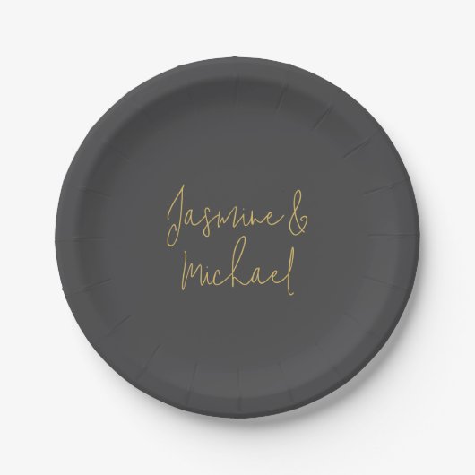 Schöne Chic-Kalligrafie-Paarnamen Grau & Gold Pappteller (Vorderseite)