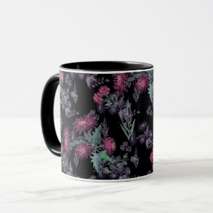 Schöne Chrysantheme rote Blumen grüne graue Blätte Tasse