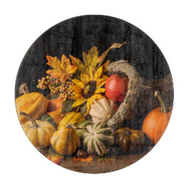 Schöne Cornucopia gefüllt mit Herbstgürteln Schneidebrett