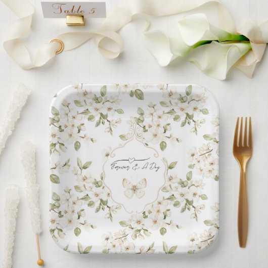 Schöne Creme blühende Baum Schmetterling Hochzeit Pappteller (Hochzeit)