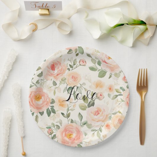 Schöne cremefarbene Pfirsich-Blumen-Brautparty Pappteller (Hochzeit)
