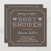 Schöne Cross-Stitch Babydusche Einladung - Blau (Vorne/Hinten)