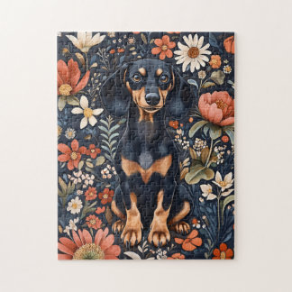 Schöne Dackel umgeben von lebendigen Blume Puzzle