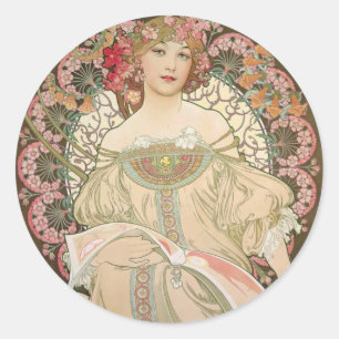 Schöne Dame - Mucha Runder Aufkleber