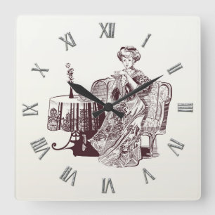 Schöne Dame trinkt Tee Quadratische Wanduhr
