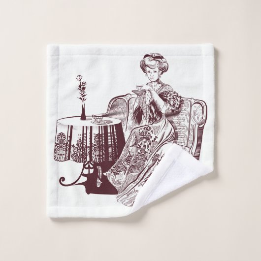 Schöne Dame trinkt Tee Waschlappen (Waschlappen)