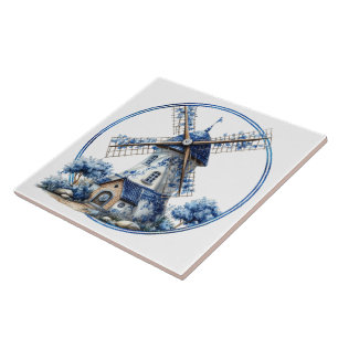 Schöne Delfter Blau Wasserfarben-Windmühle Fliese
