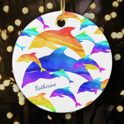 Schöne Delphine im Regenbogen mit dem Namen Weihna Keramik Ornament