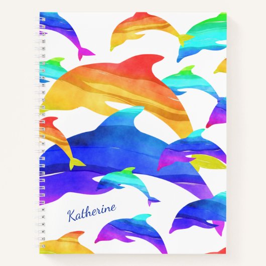 Schöne Delphine im Regenbogen mit Namen Notizblock (Vorderseite)