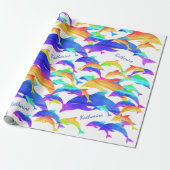 Schöne Delphine im Regenbogen mit Vorname Geschenkpapier (Ungerollt)