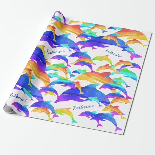 Schöne Delphine im Regenbogen mit Vorname Geschenkpapier (Ungerollt)