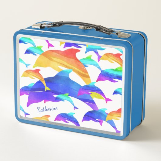 Schöne Delphine im Regenbogen mit Vorname Metall Brotdose (Rückseite)