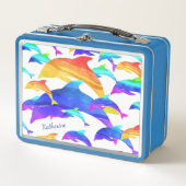 Schöne Delphine im Regenbogen mit Vorname Metall Brotdose (Vorderseite)