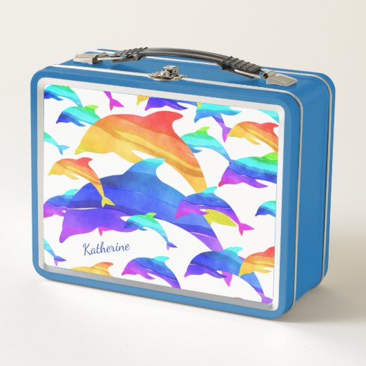 Schöne Delphine im Regenbogen mit Vorname Metall Brotdose (Vorderseite)