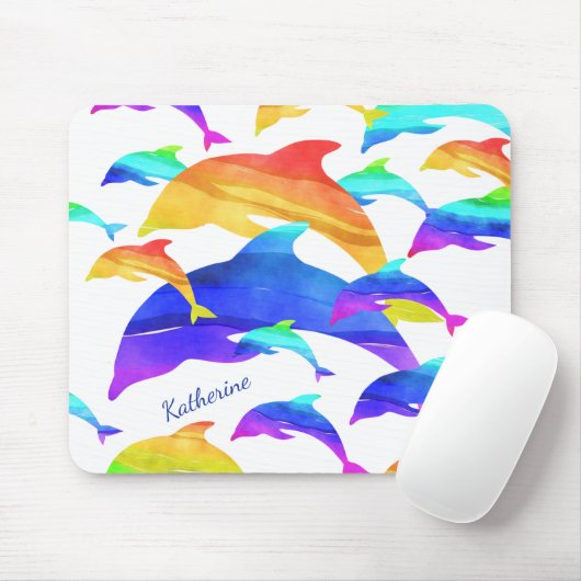 Schöne Delphine im Regenbogen mit Vorname Mousepad (Mit Mouse)