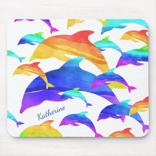 Schöne Delphine im Regenbogen mit Vorname Mousepad (Vorne)