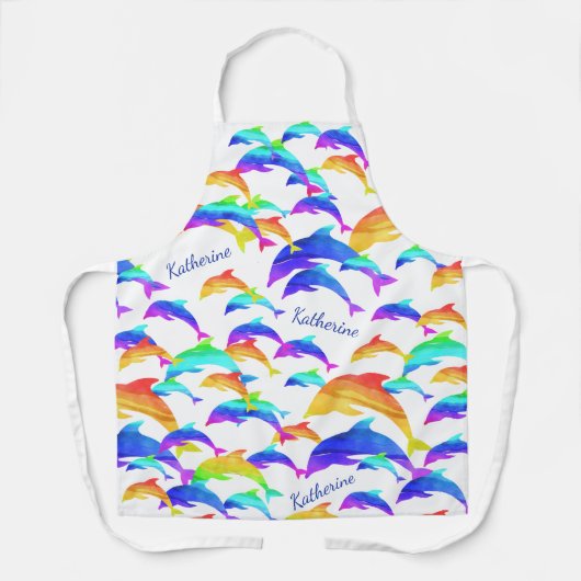 Schöne Delphine im Regenbogen mit Vorname Schürze (Vorderseite)