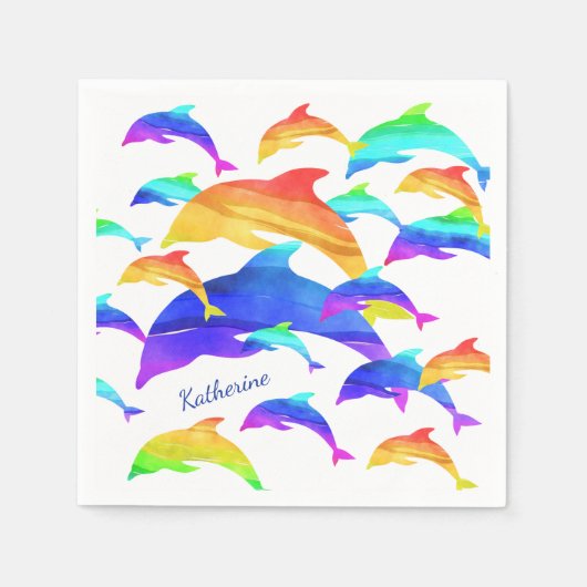 Schöne Delphine im Regenbogen mit Vorname Serviette (Vorderseite)