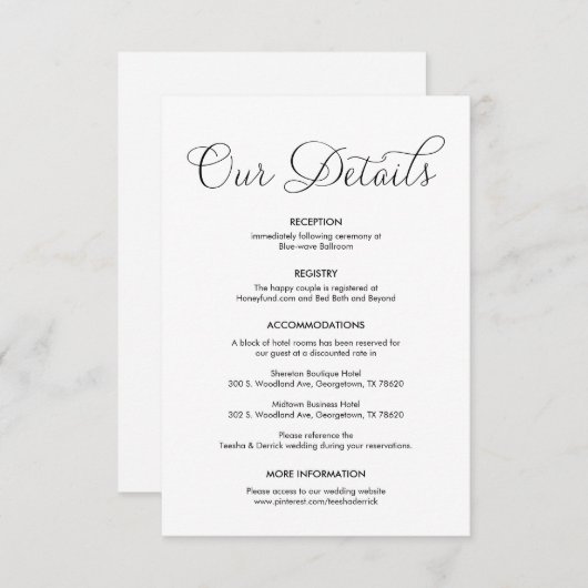 Schöne Details zur Hochzeit, klassische schwarze T Begleitkarte (Vorne/Hinten)