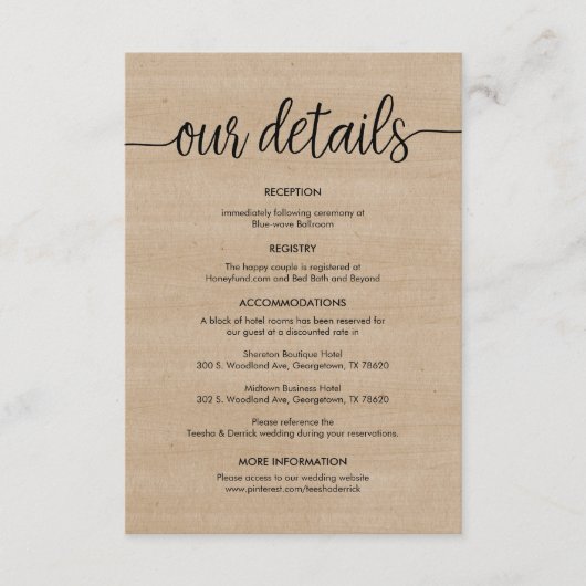 Schöne Details zur Hochzeit, rustikale schwarze Ti Begleitkarte (Vorderseite)