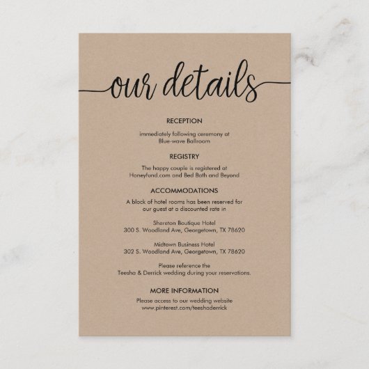 Schöne Details zur Hochzeit, rustikale schwarze Ti Begleitkarte (Vorderseite)