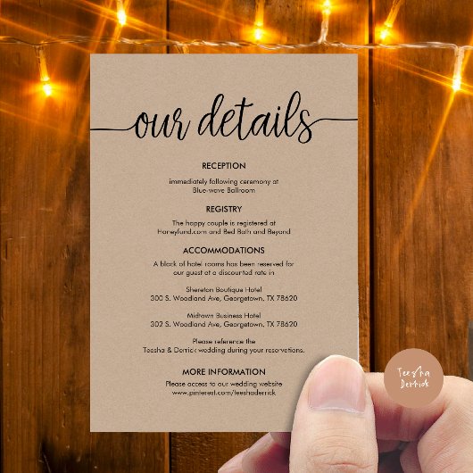 Schöne Details zur Hochzeit, rustikale schwarze Ti Begleitkarte