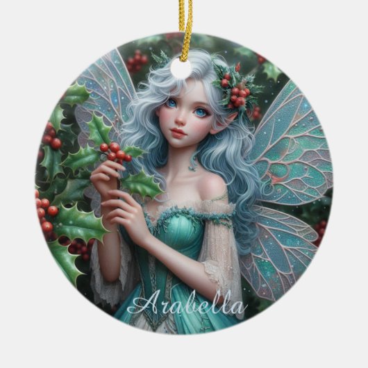 Schöne Dezember Fairy in Holly Keramik Ornament (Vorne)
