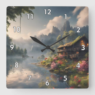 Schöne digitale Malerei eines Cottage am Wasser Quadratische Wanduhr
