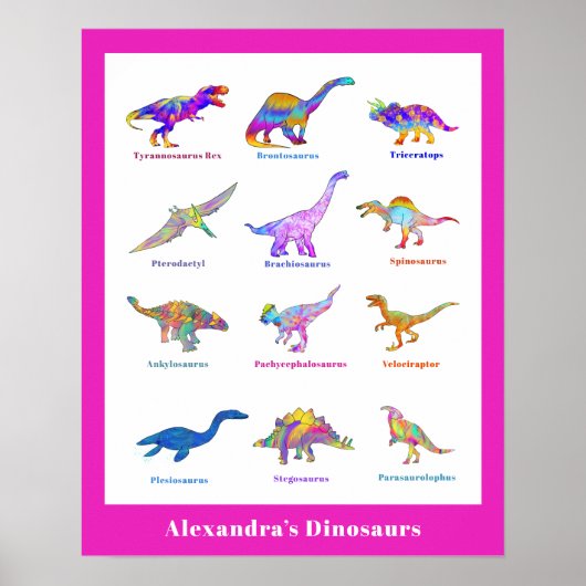 Schöne Dinosaurier Wasserfarbe mit Namen pink Poster (Vorne)