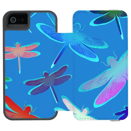 Schöne Drachenfliegen auf blauem Muster Incipio iPhone Geldbeutel-Hülle (Folio Geöffnet)