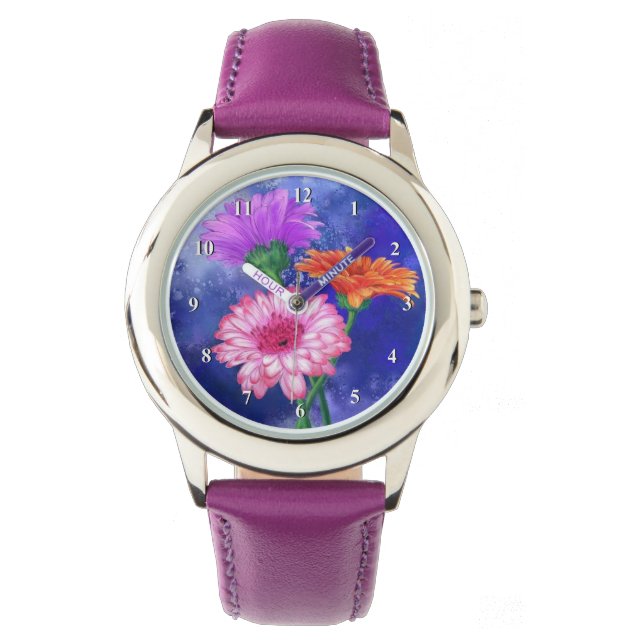 Schöne Drei-Farben-Gerberas-Uhr - Malerei Armbanduhr (Vorderseite)
