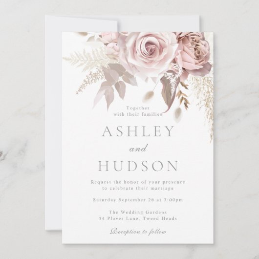 Schöne dusty Rose & Blush Wedding Einladung (Vorderseite)