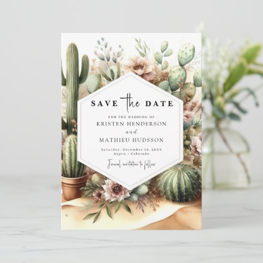 Schöne Editable Cactus Wedding Save The Date (Stehend Vorderseite)