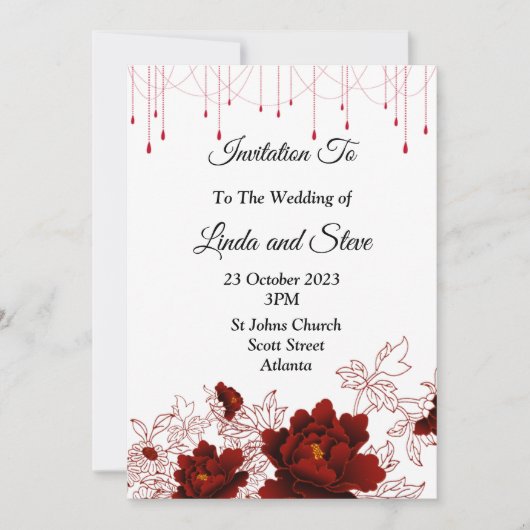 Schöne Einladung zur Hochzeit, rote Blume (Vorderseite)