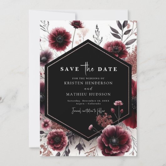 Schöne, einzigartige Burgundy-Hochzeit Save The Date (Vorderseite)