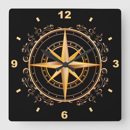 Schöne einzigartige Gold & Black Compass Antique ~ Quadratische Wanduhr (Vorderseite)