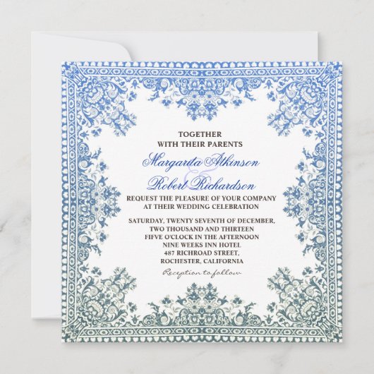 schöne, elegante Blauer Rahmen Hochzeit lädt ein Einladung (Vorderseite)