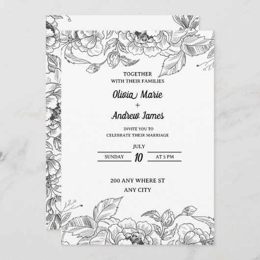 schöne, elegante Blumen-Hochzeit Einladung (Vorne/Hinten)