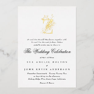 Schöne elegante florale GOLD-Monogramm-Hochzeit Folieneinladung