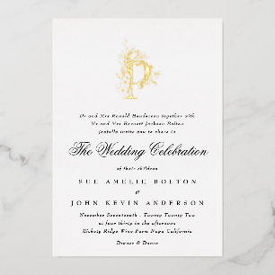 Schöne elegante florale GOLD-Monogramm-Hochzeit Folieneinladung