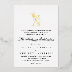 Schöne elegante florale GOLD-Monogramm-Hochzeit Folieneinladung